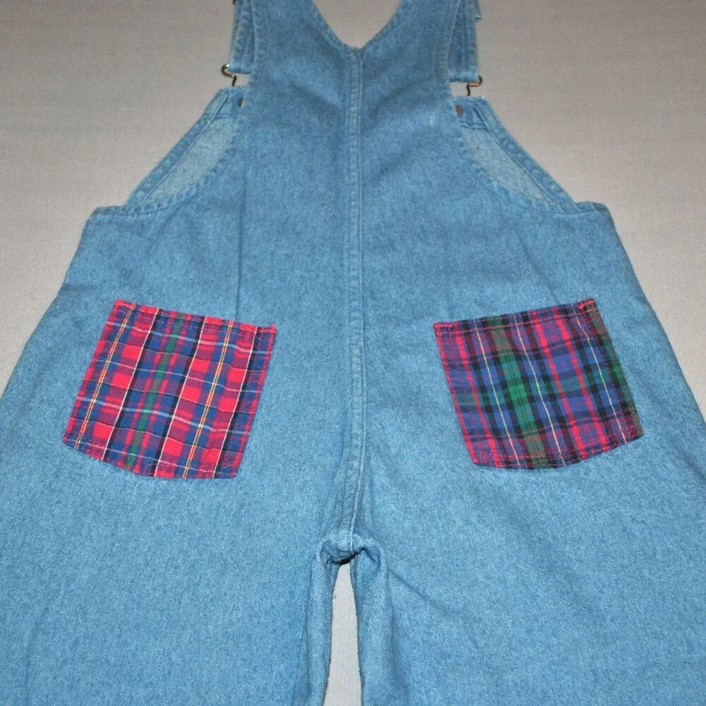Vintage OshKosh B'gosh Girls Overalls Size 4 Blue Denim w/ Patchwork Plaid